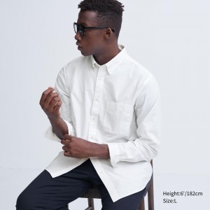Uniqlo Extra Fine Cotton Broadcloth Regular Fit Printed Shirt Button Down Collar Skjorta Herr Vita | OQNVD-8720