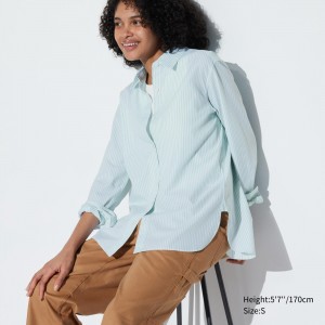 Uniqlo Extra Fine Cotton Striped Long Sleeved Shirt Blus Dam Gröna | BJTQZ-3149