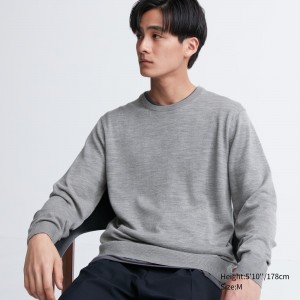 Uniqlo Extra Fine Merino Crew Neck Jumper Jumpers Herr Grå | TLUAH-0378