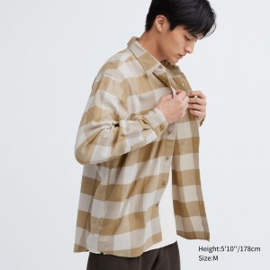 Uniqlo Flannel Checked Shirt Skjorta Herr Beige | POHXK-9347