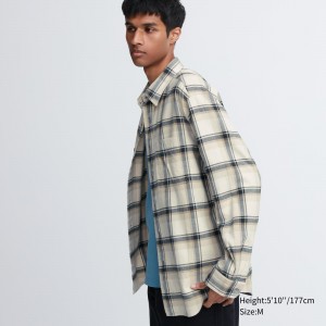 Uniqlo Flannel Regular Fit Checked Shirt Regular Collar Skjorta Herr Beige | MYQWO-7298