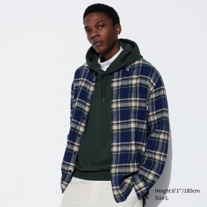 Uniqlo Flannel Regular Fit Checked Shirt Regular Collar Skjorta Herr Blå | WIBYL-8920
