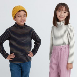 Uniqlo Fleece Ribbed Striped High Neck Long Sleeved T-Shirt T-shirt Barn Marinblå | POHYR-6521