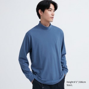 Uniqlo Fleece Stretch Mock Neck Long Sleeved T-Shirt T-shirt Herr Blå | DCYTL-5308