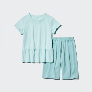 Uniqlo Girls Airism Cotton Blend Short Sleeved Set Loungewear Barn Ljusgröna | OZWNE-4503