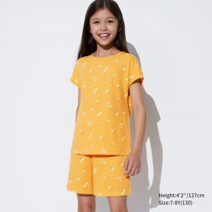 Uniqlo Girls Airism Cotton Blend Striped Short Sleeved Set Loungewear Barn Gula | QKBJW-8142