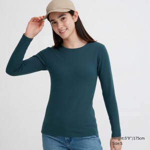 Uniqlo Heattech Extra Warm Cotton Crew Neck Long Sleeved Thermal Top T-shirt Dam Mörkgröna | UEYMF-1694