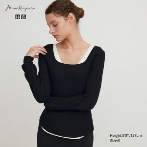 Uniqlo Heattech Extra Warm Waffle Square Neck Long Sleeved Thermal Top T-shirt Dam Svarta | KYEFJ-2567