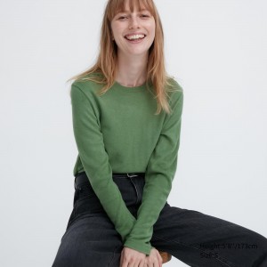 Uniqlo Heattech Fleece Crew Neck Long Sleeved Thermal Top T-shirt Dam Gröna | WJFCH-6730
