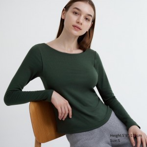 Uniqlo Heattech Ribbed Scoop Neck Long Sleeved Thermal Bra Top T-shirt Dam Mörkgröna | RUCEB-5037