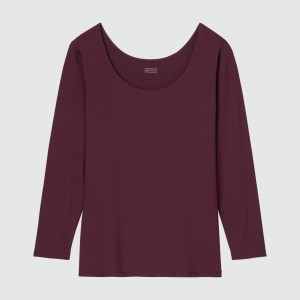 Uniqlo Heattech Scoop Neck Long Sleeved Thermal Top T-shirt Dam Vinröda | GXOKV-1804