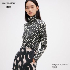 Uniqlo Heattech Swirl Print Turtleneck Long Sleeved Thermal Top T-shirt Dam Svarta | NIOHF-0621