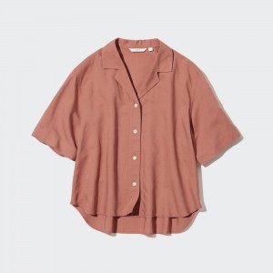 Uniqlo Linen Blend Open Collar Short Sleeved Shirt Blus Dam Bruna | ZYFXK-6807