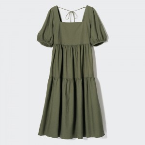 Uniqlo Linen Blend Shirring Volume Sleeved Dress Klänning Dam Olivgröna | WPFVZ-1095