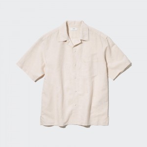 Uniqlo Linen Blend Short Sleeved Shirt Open Collar Skjorta Herr Beige | MGXOE-6320