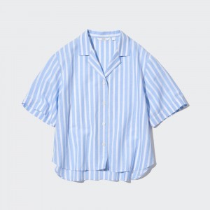 Uniqlo Linen Blend Striped Open Collar Short Sleeved Shirt Blus Dam Ljusblå | UMQXI-3978