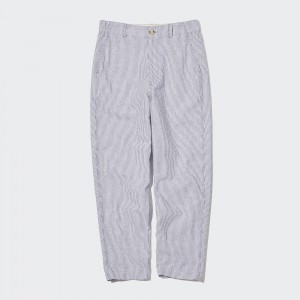 Uniqlo Linen Cotton Blend Striped Tapered Trousers Blast Dam Blå | WLEFO-8726