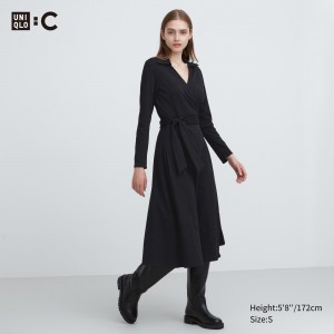 Uniqlo Long Sleeved Wrap Dress Klänning Dam Svarta | TFMCP-8213
