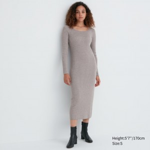 Uniqlo Merino Blend Fitted U Neck Long Sleeved Dress Klänning Dam Grå | YNMZR-5806