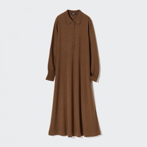 Uniqlo Merino Blend Polo Neck Long Sleeved Dress Klänning Dam Bruna | QWLCA-5142