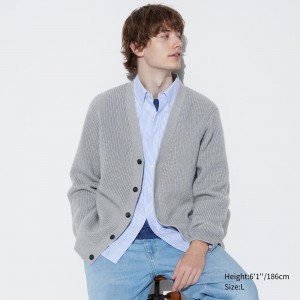 Uniqlo Middle Gauge Knit V Neck Cardigan Jumpers Herr Grå | VSAQD-2361