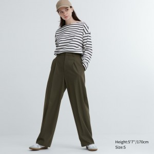 Uniqlo Pleated Wide Leg Trousers Blast Dam Olivgröna | BVSEI-1920
