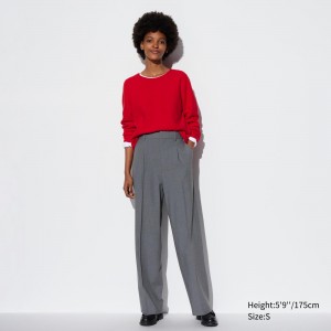 Uniqlo Pleated Wide Leg Trousers Long Blast Dam Grå | KMZBE-5478