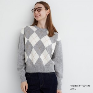 Uniqlo Premium Lambswool Argyle Crew Neck Jumper Jumpers Dam Ljusgrå | FPTGC-4039
