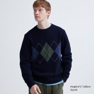 Uniqlo Premium Lambswool Argyle Crew Neck Jumper Jumpers Herr Marinblå | ZHWXN-2135