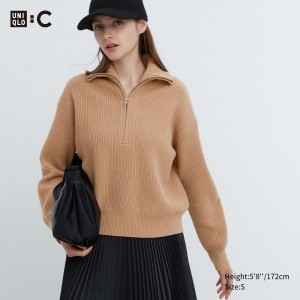 Uniqlo Premium Lambswool Half Zipped Jumper Jumpers Dam Beige | UOJNK-5149