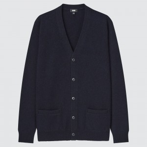 Uniqlo Premium Lambswool V Neck Cardigan 2021 Season Jumpers Herr Marinblå | YFBWH-0723