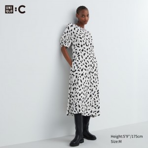Uniqlo Printed Balloon Sleeved Dress Klänning Dam Vita | WFXAN-1647