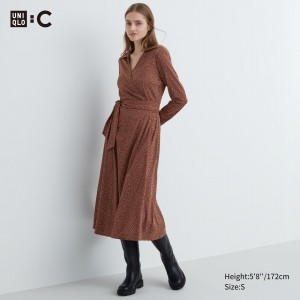 Uniqlo Printed Long Sleeved Wrap Dress Klänning Dam Bruna | TJZSG-1627