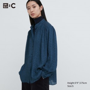 Uniqlo Printed Volume Blouse Blus Dam Blå | HPGXL-0571