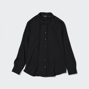 Uniqlo Rayon Long Sleeved Blouse Blus Dam Svarta | FHIBJ-1684