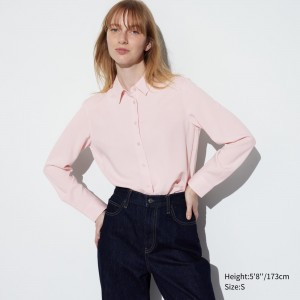 Uniqlo Rayon Long Sleeved Blouse Blus Dam Rosa | LZRTK-6783