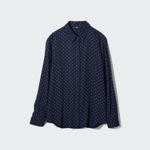 Uniqlo Rayon Printed Long Sleeved Blouse Blus Dam Marinblå | JHXUC-2947