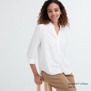 Uniqlo Rayon Skipper Collar 34 Sleeved Blouse Blus Dam Vita | JGVZA-7513