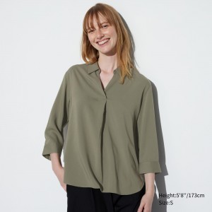 Uniqlo Rayon Skipper Collar 34 Sleeved Blouse Blus Dam Olivgröna | LSDMA-8705