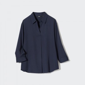 Uniqlo Rayon Striped Skipper Collar 34 Sleeved Blouse Blus Dam Marinblå | KLNQV-0162
