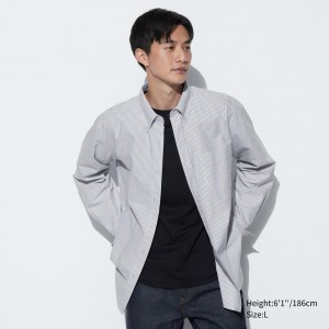 Uniqlo Regular Fit Striped Oxford Shirt Regular Collar Skjorta Herr Grå | KOIUL-2513