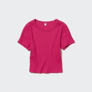 Uniqlo Ribbed Cropped Crew Neck T-Shirt T-shirt Dam Rosa | CMLDY-8490