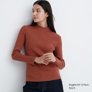 Uniqlo Ribbed High Neck Long Sleeved T-Shirt T-shirt Dam Mörkorange | KJWMG-6453