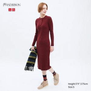 Uniqlo Ribbed Knit Long Sleeved Dress Klänning Dam Röda | RFVEW-2481