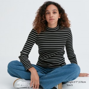 Uniqlo Ribbed Striped High Neck Long Sleeved T-Shirt T-shirt Dam Svarta | OFLKD-2619