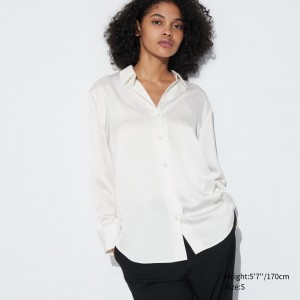 Uniqlo Satin Long Sleeved Blouse Blus Dam Vita | CXUGO-7582