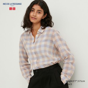 Uniqlo Sheer Cotton Checked Shirt Blus Dam Beige | DHSXG-7480