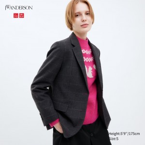 Uniqlo Single Breasted Checked Jacket Jackor Dam Mörkgrå | QEOVD-4517