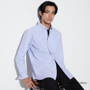 Uniqlo Slim Fit Striped Oxford Shirt Regular Collar Skjorta Herr Blå | SPMIE-3912