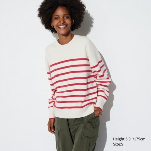 Uniqlo Smooth Cotton Relaxed Fit Striped Crew Neck Jumper Jumpers Dam Röda | USEIG-8234